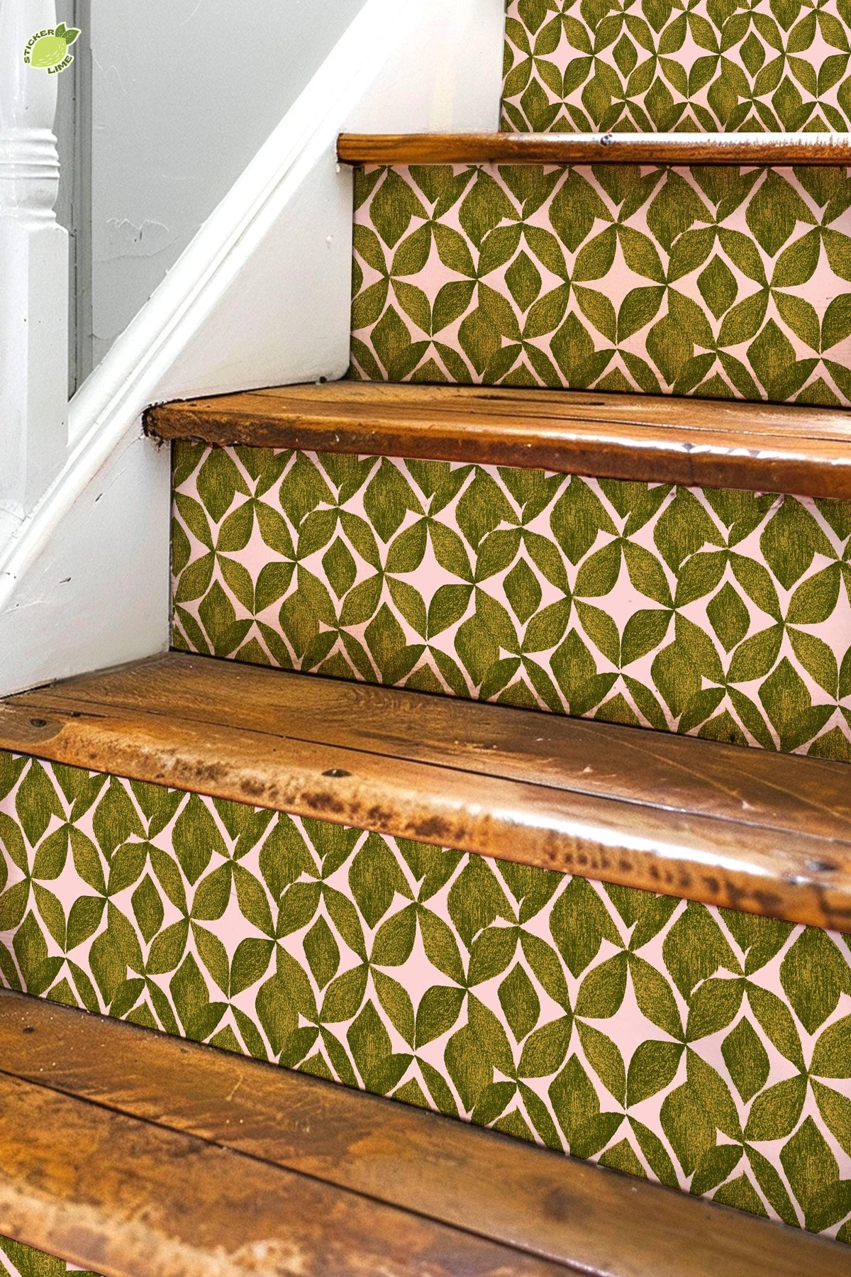 Organic Olive Leaf Geometric Motif peel and stick stair riser decals, photo 2 of 8