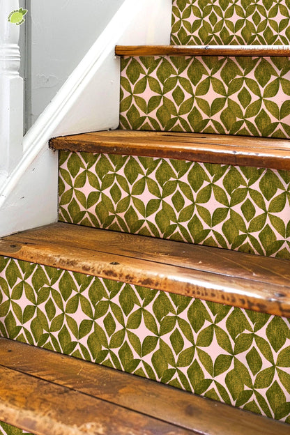 Organic Olive Leaf Geometric Motif peel and stick stair riser decals, photo 2 of 8