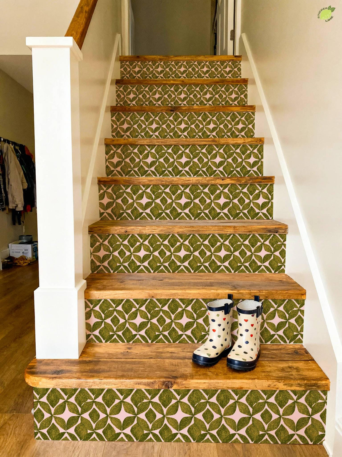 Organic Olive Leaf Geometric Motif peel and stick stair riser decals, photo 3 of 8