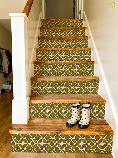Organic Olive Leaf Geometric Motif peel and stick stair riser decals, photo 3 of 8
