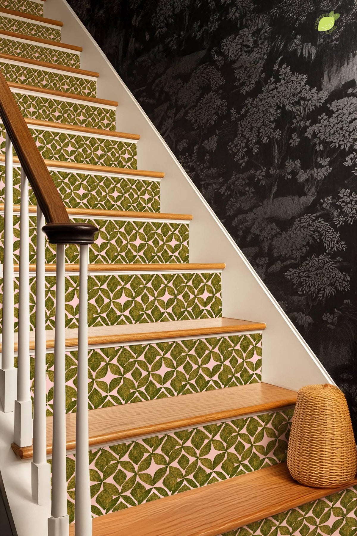 Organic Olive Leaf Geometric Motif peel and stick stair riser decals, photo 4 of 8