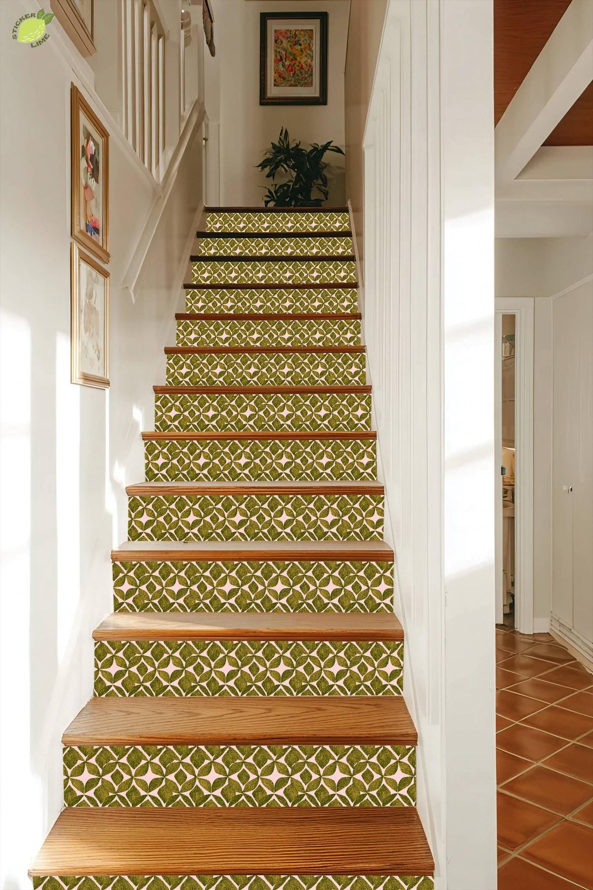 Organic Olive Leaf Geometric Motif peel and stick stair riser decals, photo 5 of 8