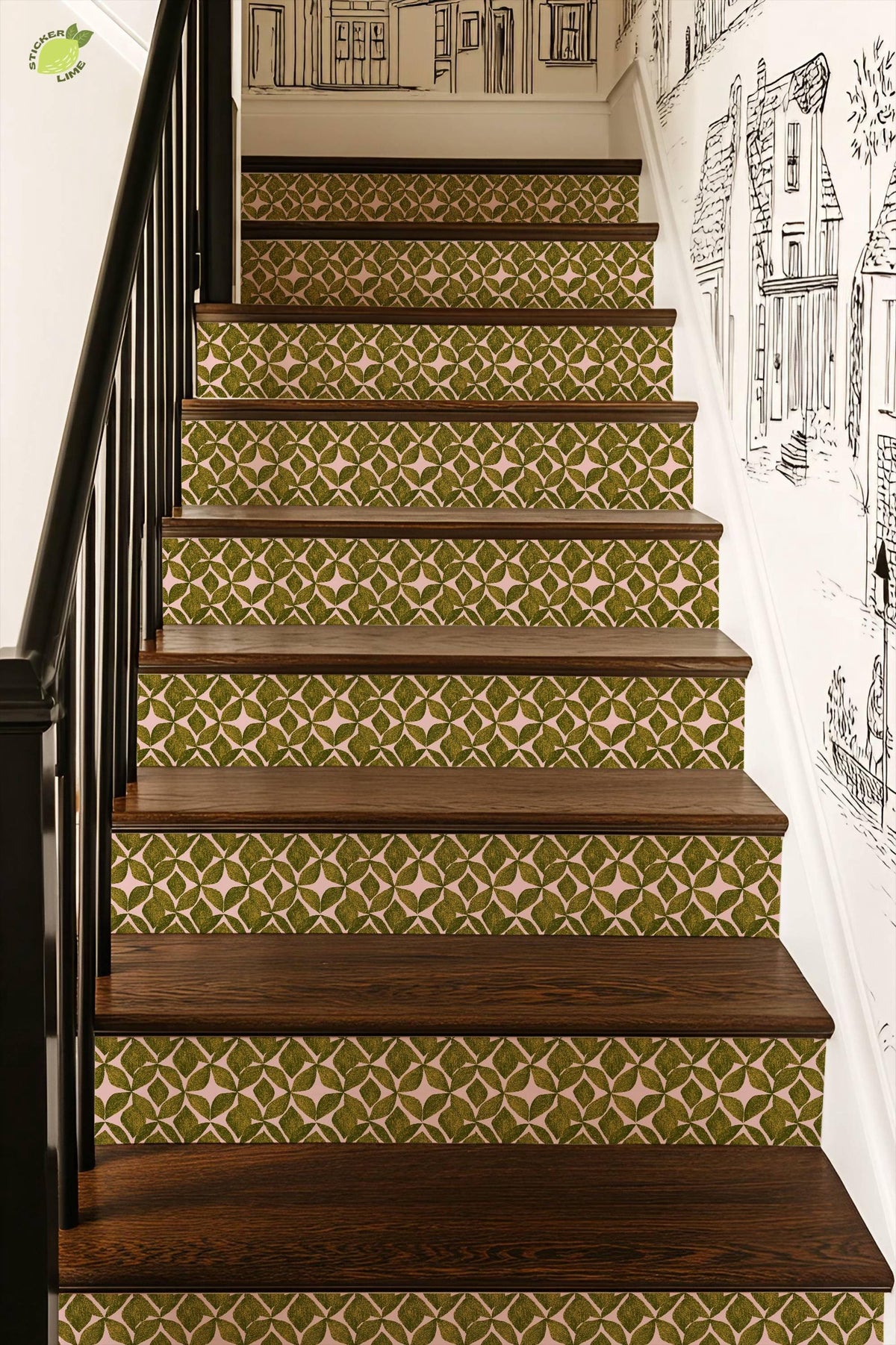 Organic Olive Leaf Geometric Motif peel and stick stair riser decals, photo 6 of 8