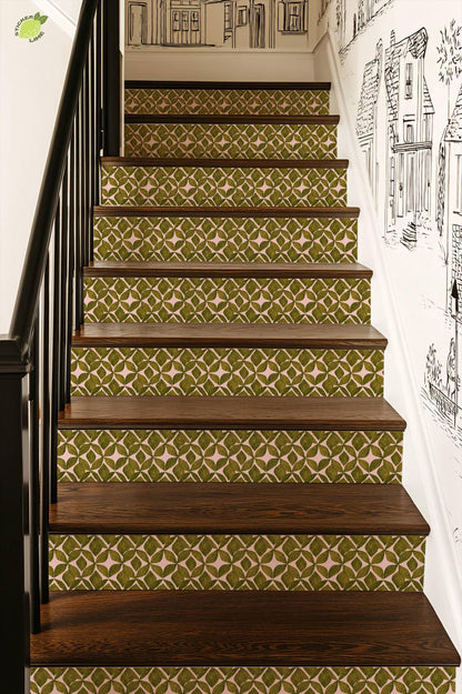 Organic Olive Leaf Geometric Motif peel and stick stair riser decals, photo 6 of 8