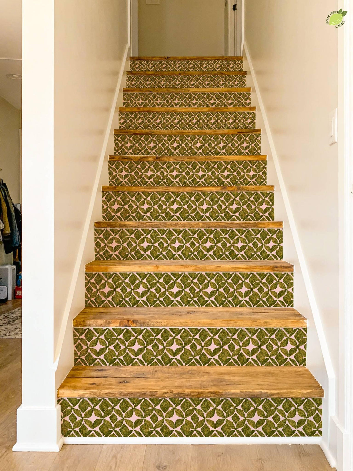 Organic Olive Leaf Geometric Motif peel and stick stair riser decals, photo 7 of 8