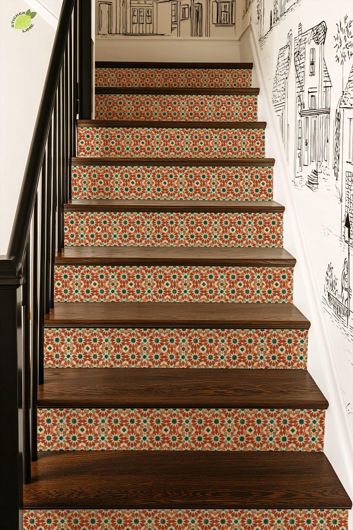 Moroccan Geometric Star Motif peel and stick stair riser decals, photo 6 of 8