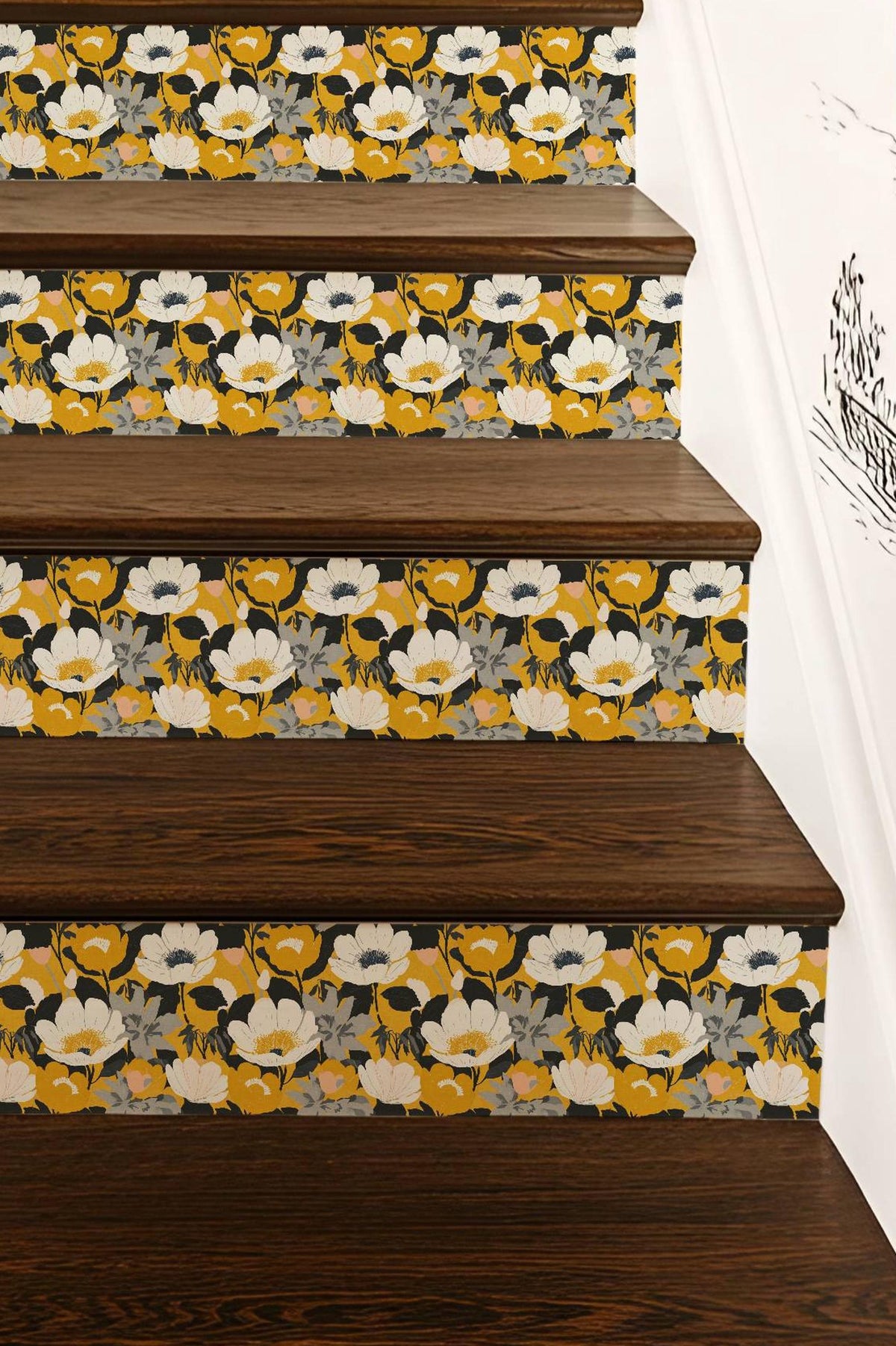 Mid-Century Modern Gold Floral peel and stick stair riser decals
