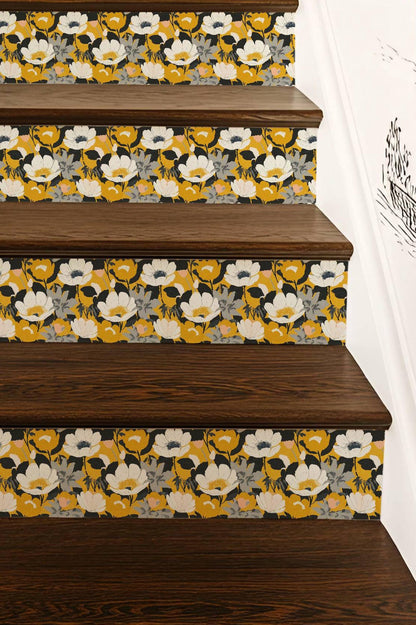 Mid-Century Modern Gold Floral peel and stick stair riser decals