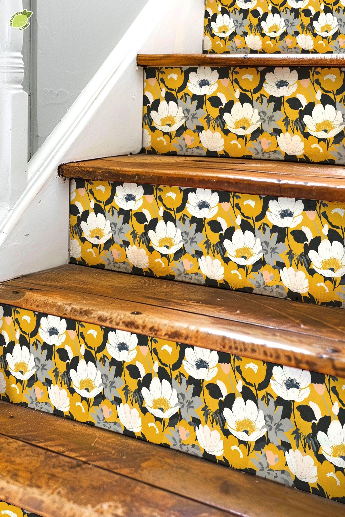 Mid-Century Modern Gold Floral peel and stick stair riser decals, photo 2 of 8