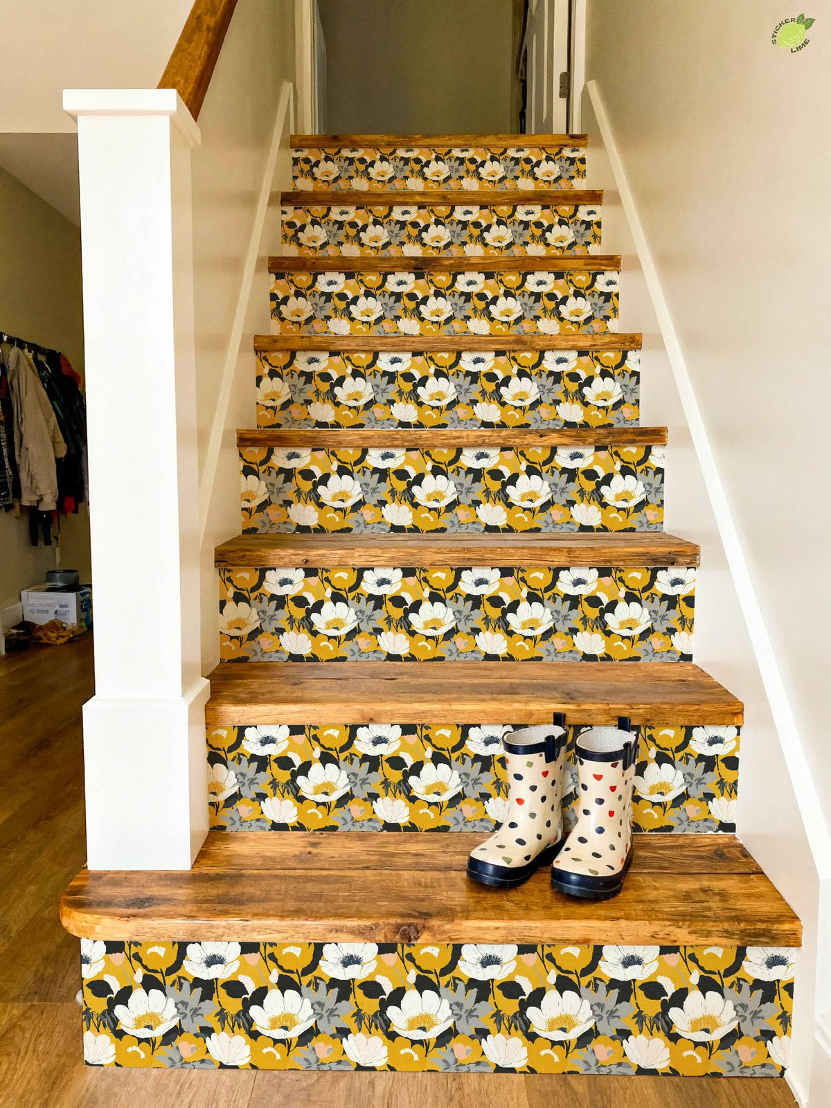 Mid-Century Modern Gold Floral peel and stick stair riser decals, photo 3 of 8