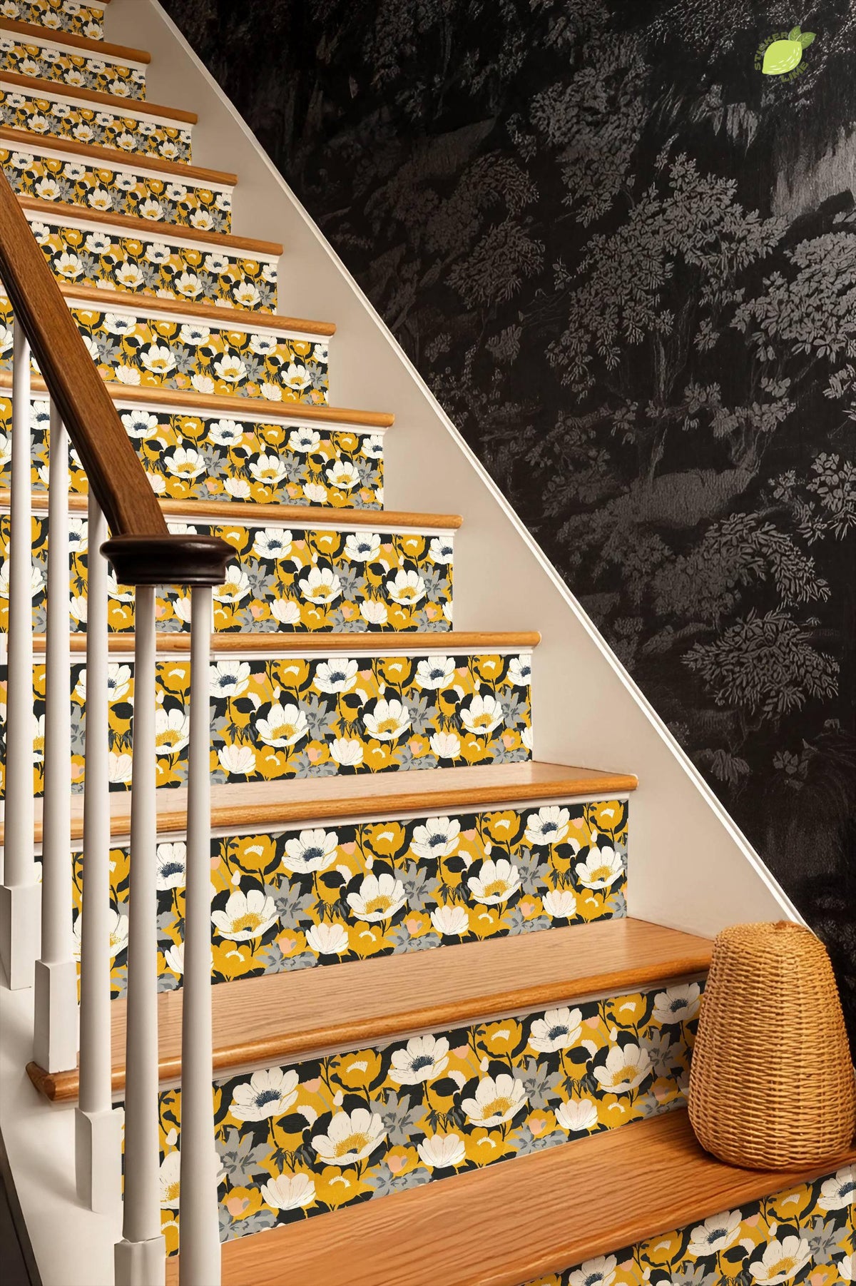 Mid-Century Modern Gold Floral peel and stick stair riser decals, photo 4 of 8