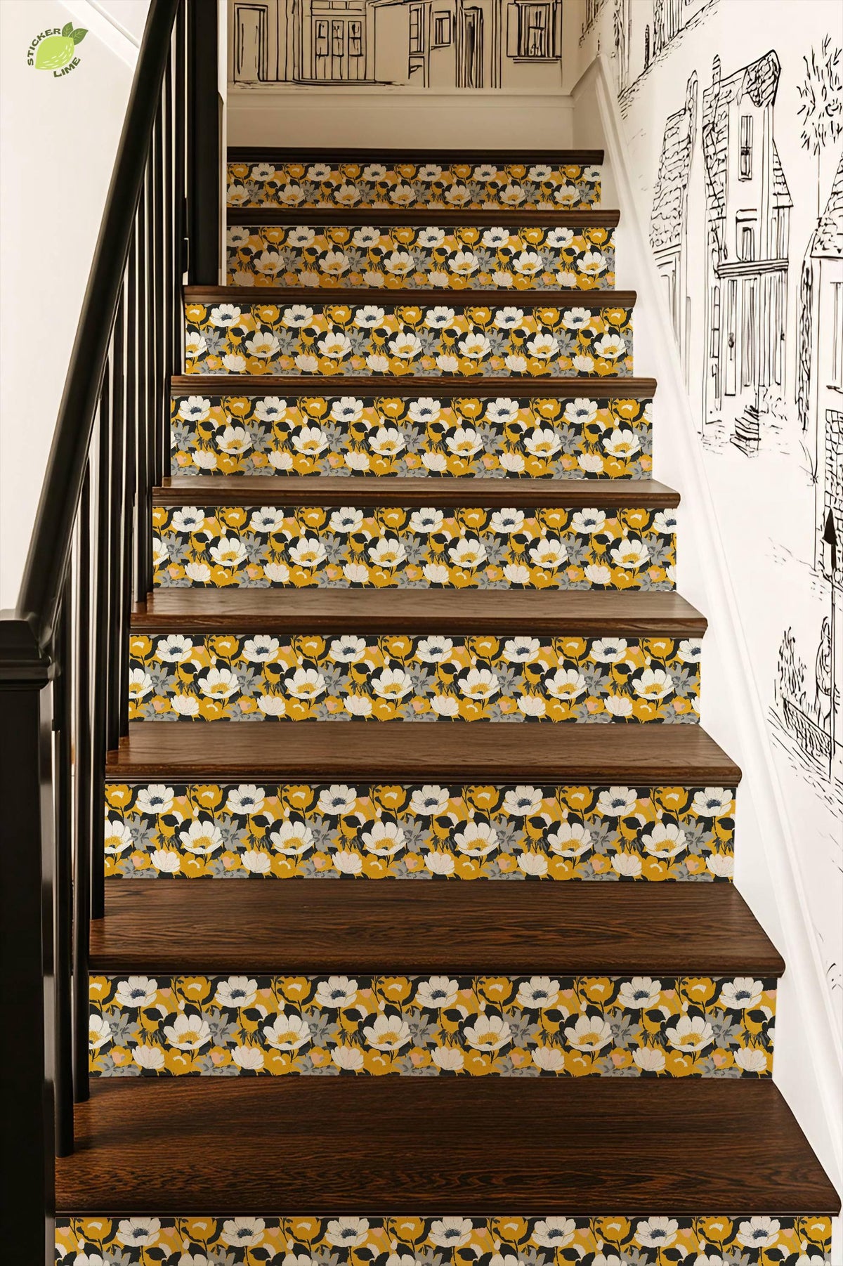 Mid-Century Modern Gold Floral peel and stick stair riser decals, photo 6 of 8