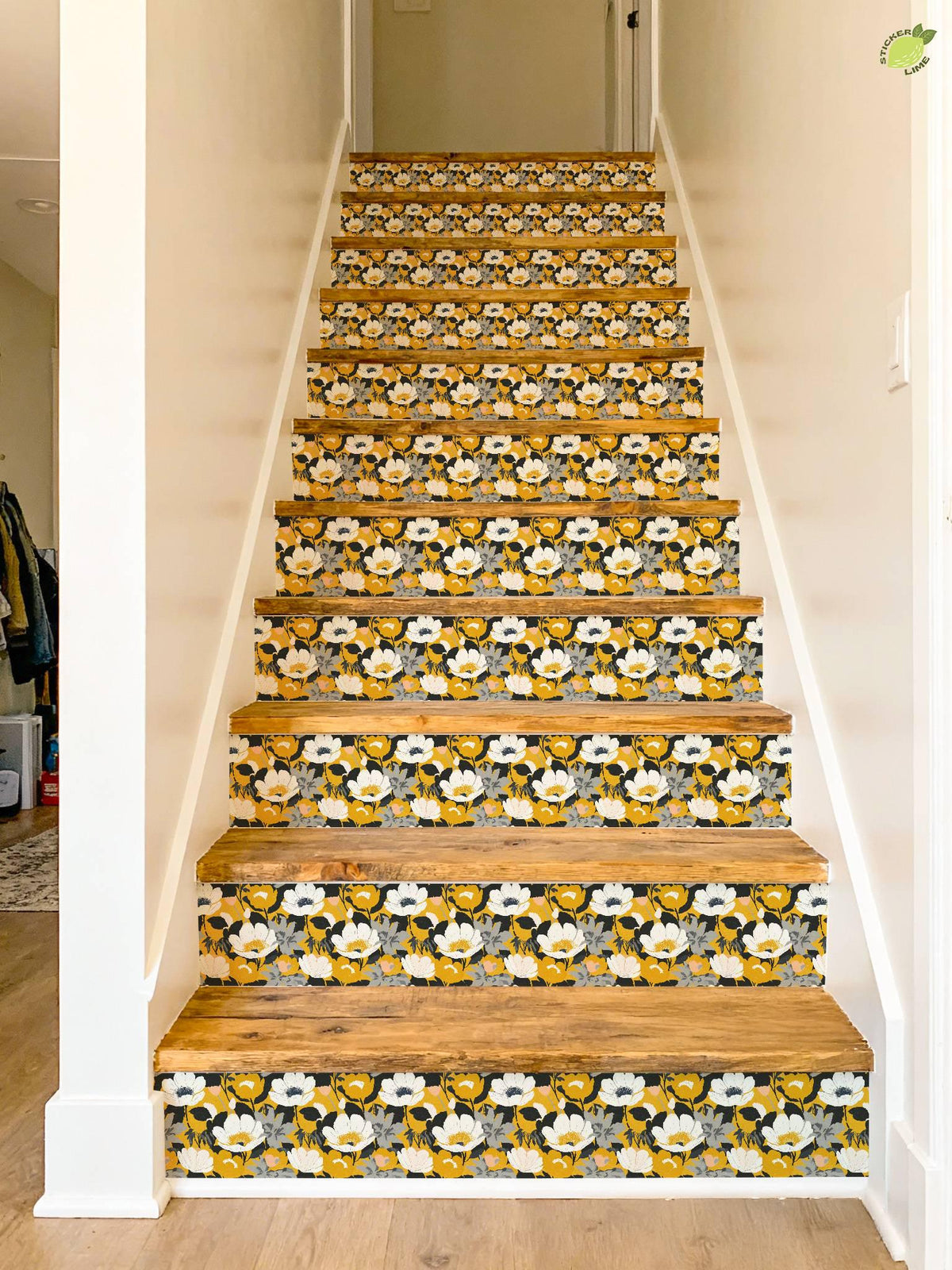 Mid-Century Modern Gold Floral peel and stick stair riser decals, photo 7 of 8