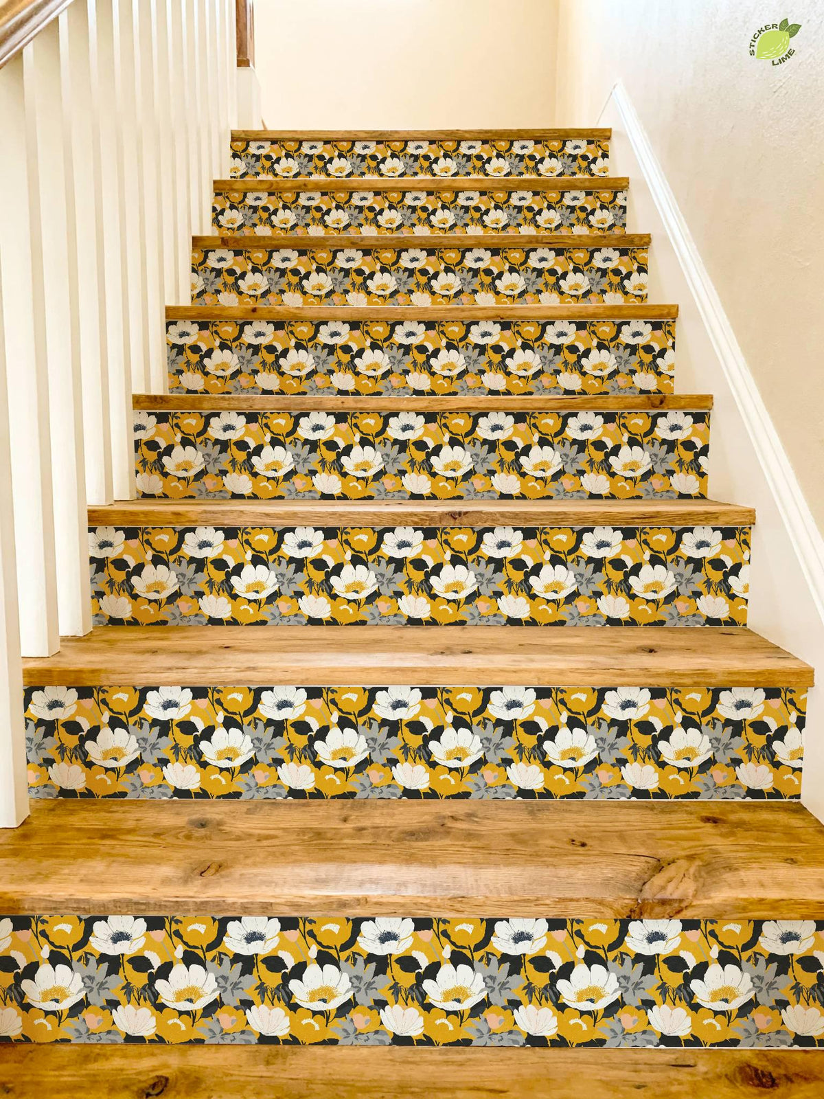 Mid-Century Modern Gold Floral peel and stick stair riser decals, photo 8 of 8