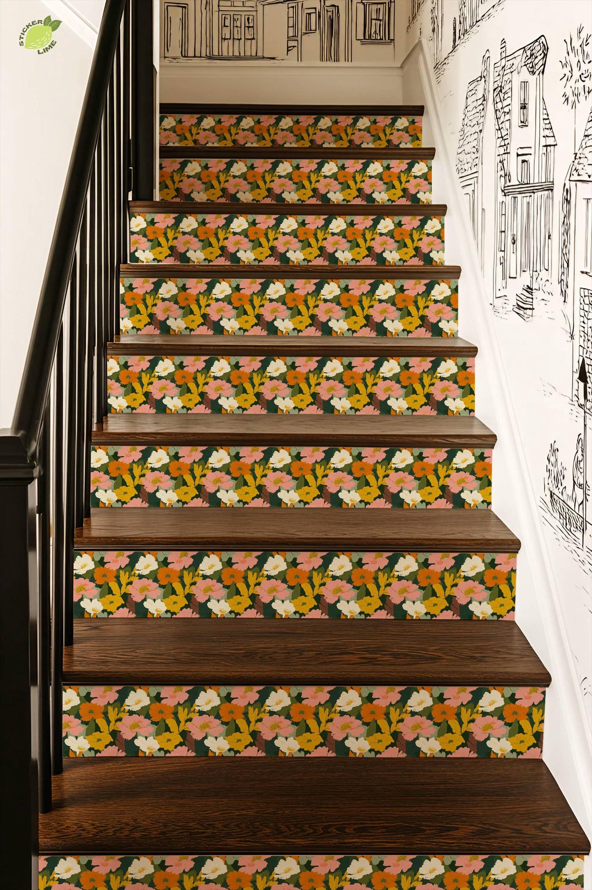 Vintage Botanical Garden Floral peel and stick stair riser decals, photo 6 of 8