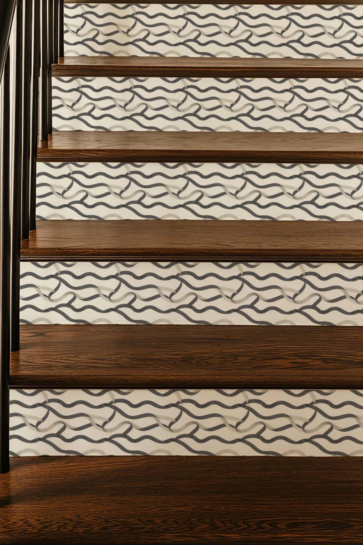 Charcoal Entangled Lines peel and stick stair riser decals