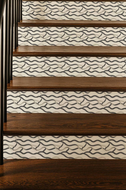 Charcoal Entangled Lines peel and stick stair riser decals