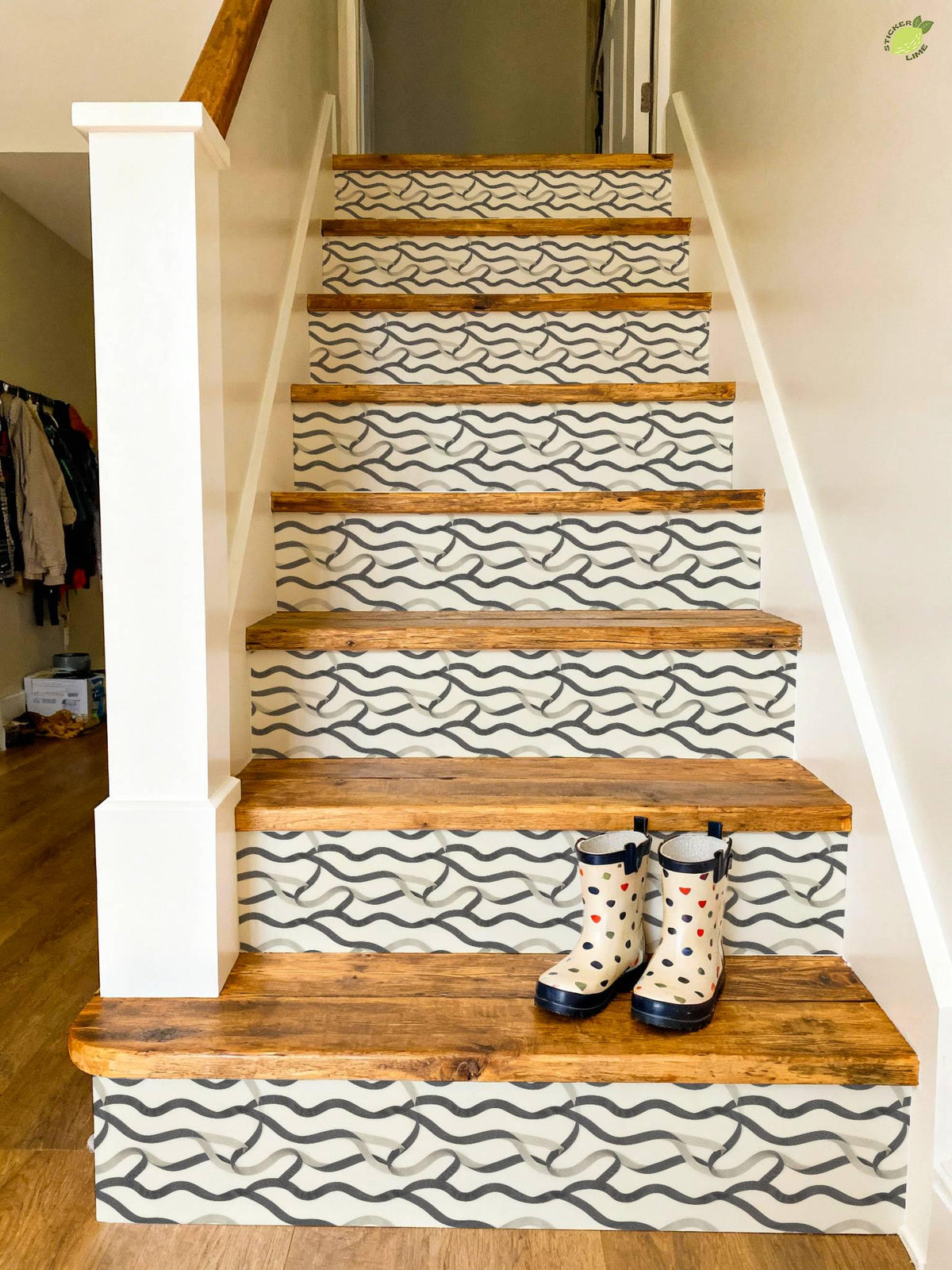 Charcoal Entangled Lines peel and stick stair riser decals, photo 3 of 8