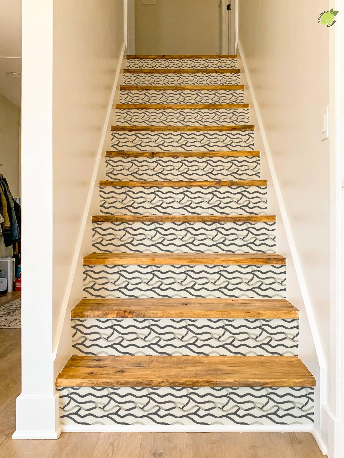 Charcoal Entangled Lines peel and stick stair riser decals, photo 7 of 8
