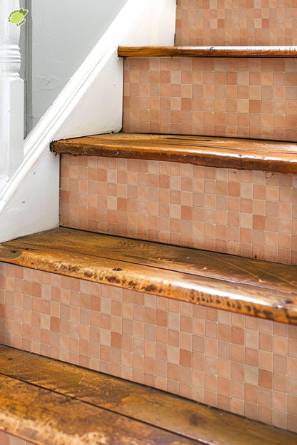 Rustic Terracotta Square Grid peel and stick stair riser decals, photo 2 of 8