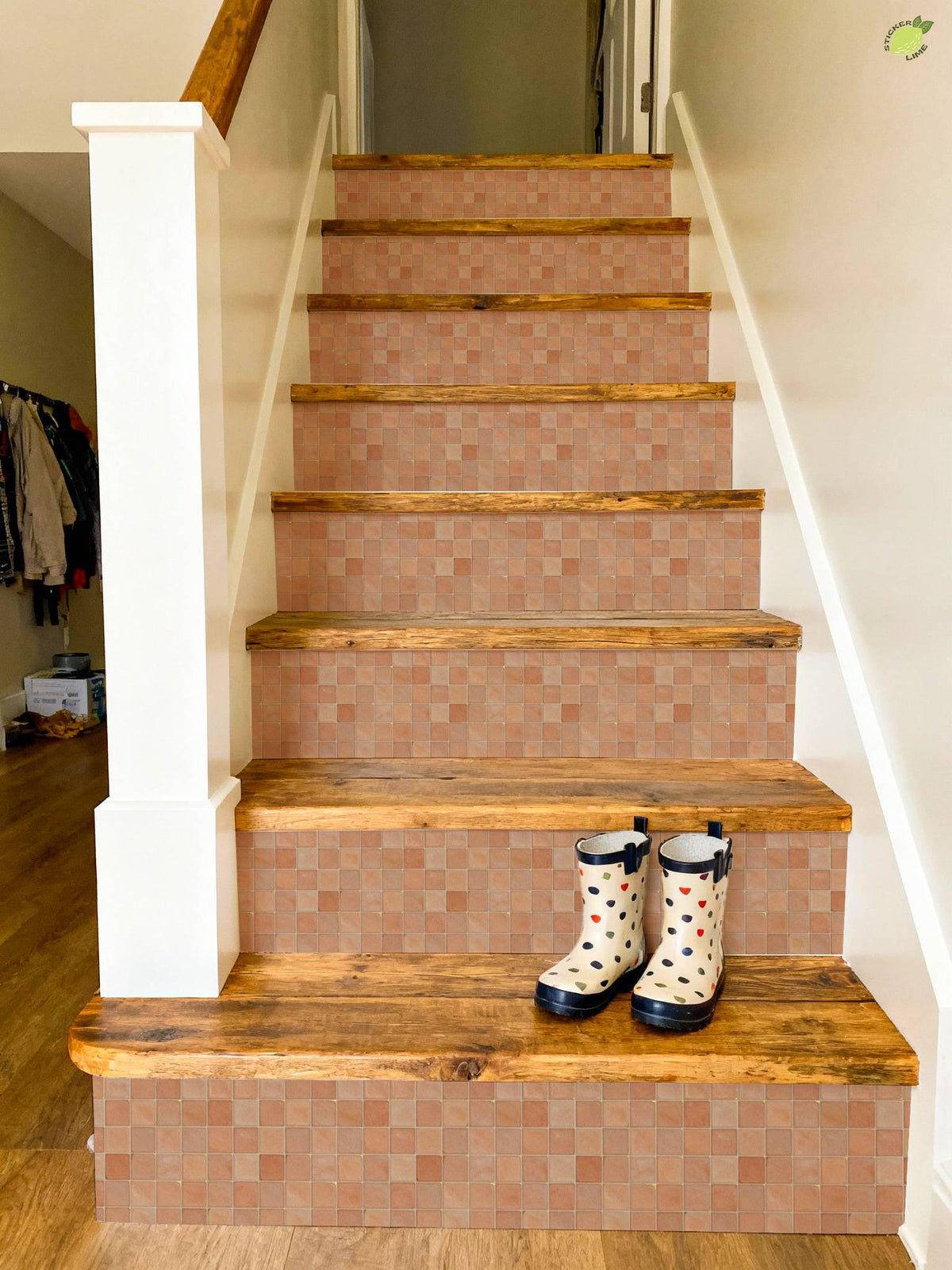 Rustic Terracotta Square Grid peel and stick stair riser decals, photo 3 of 8