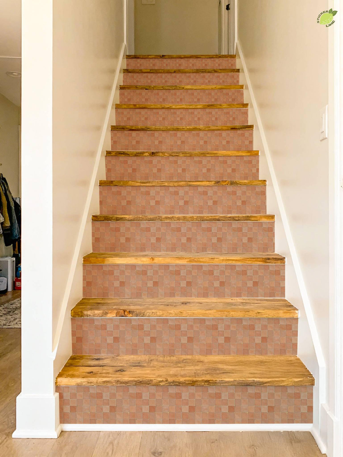 Rustic Terracotta Square Grid peel and stick stair riser decals, photo 7 of 8