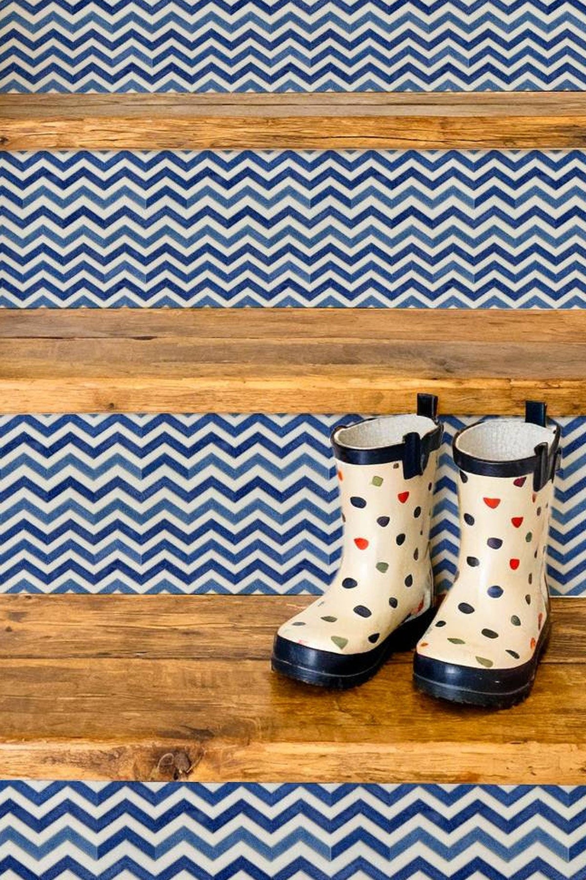 Indigo Wave Herringbone Tile peel and stick stair riser decals