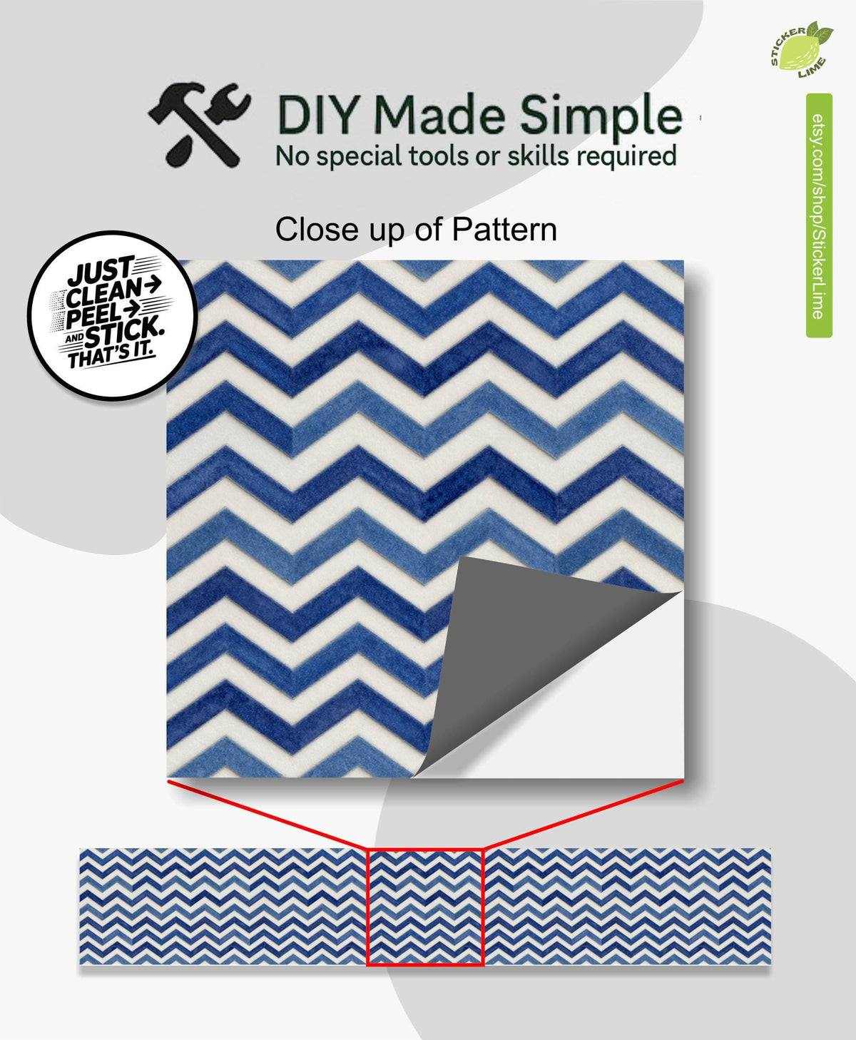 Indigo Wave Herringbone Tile peel and stick stair riser decals, photo 2 of 8