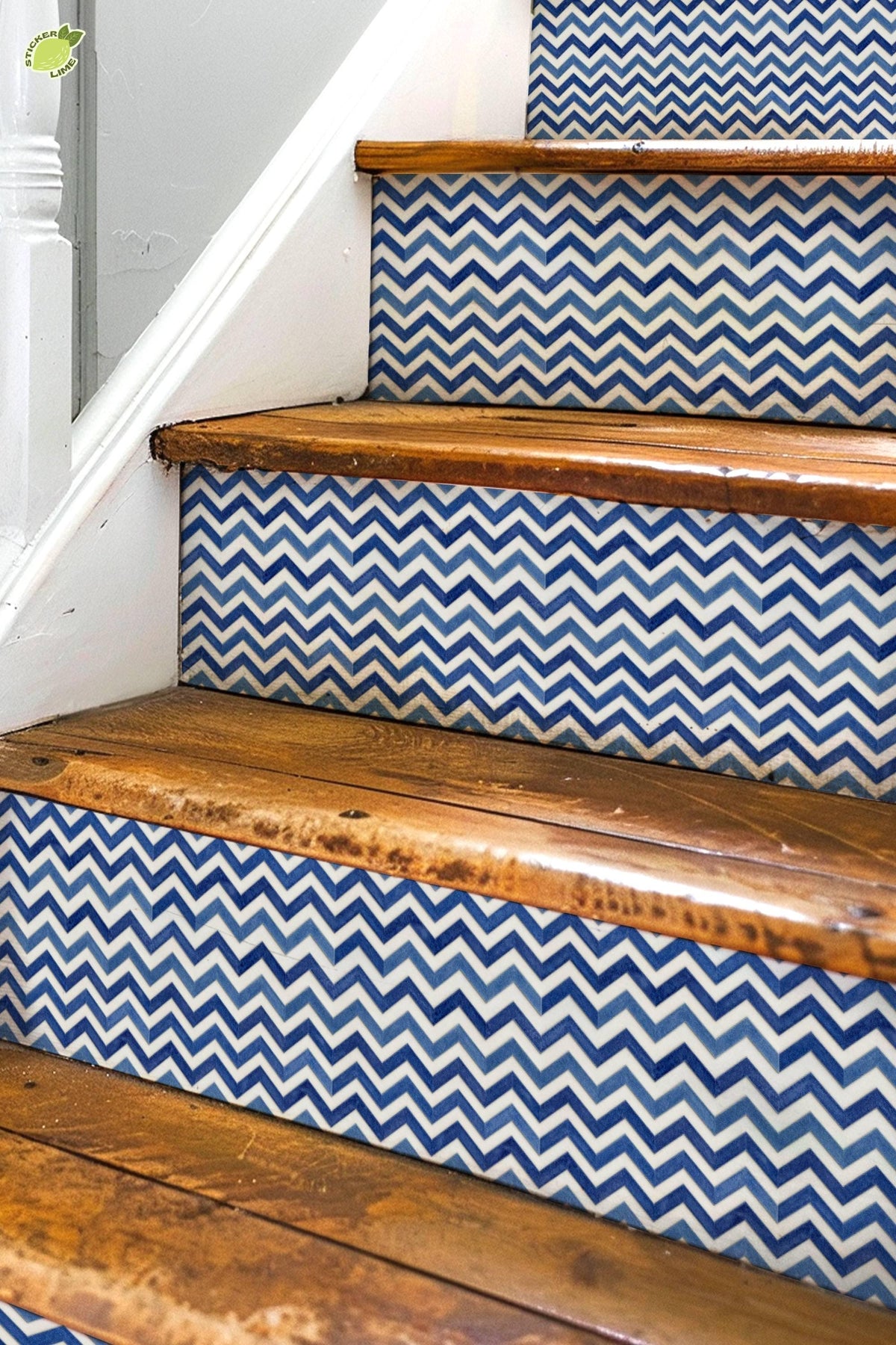 Indigo Wave Herringbone Tile peel and stick stair riser decals, photo 3 of 8