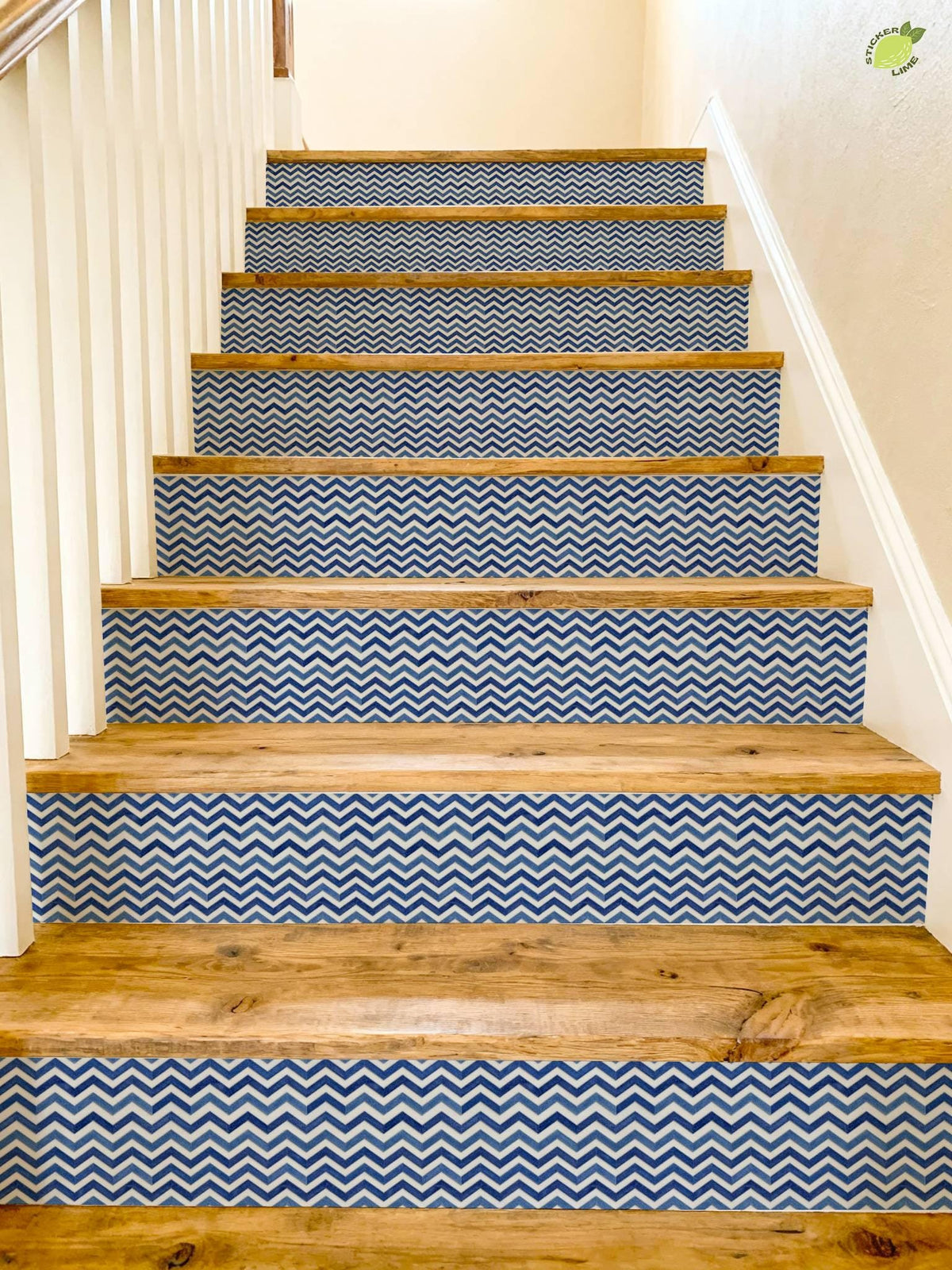 Indigo Wave Herringbone Tile peel and stick stair riser decals, photo 4 of 8