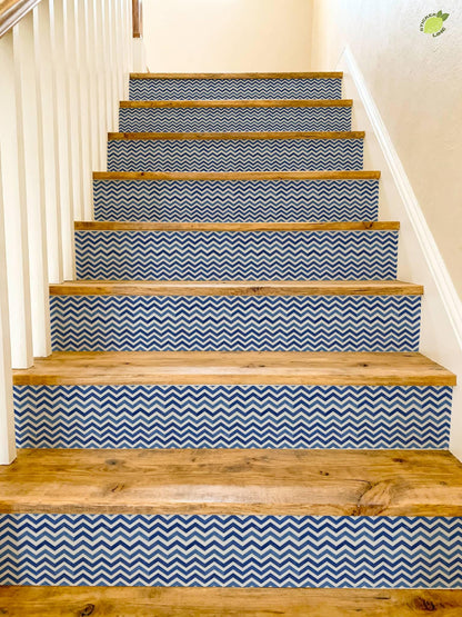 Indigo Wave Herringbone Tile peel and stick stair riser decals, photo 4 of 8