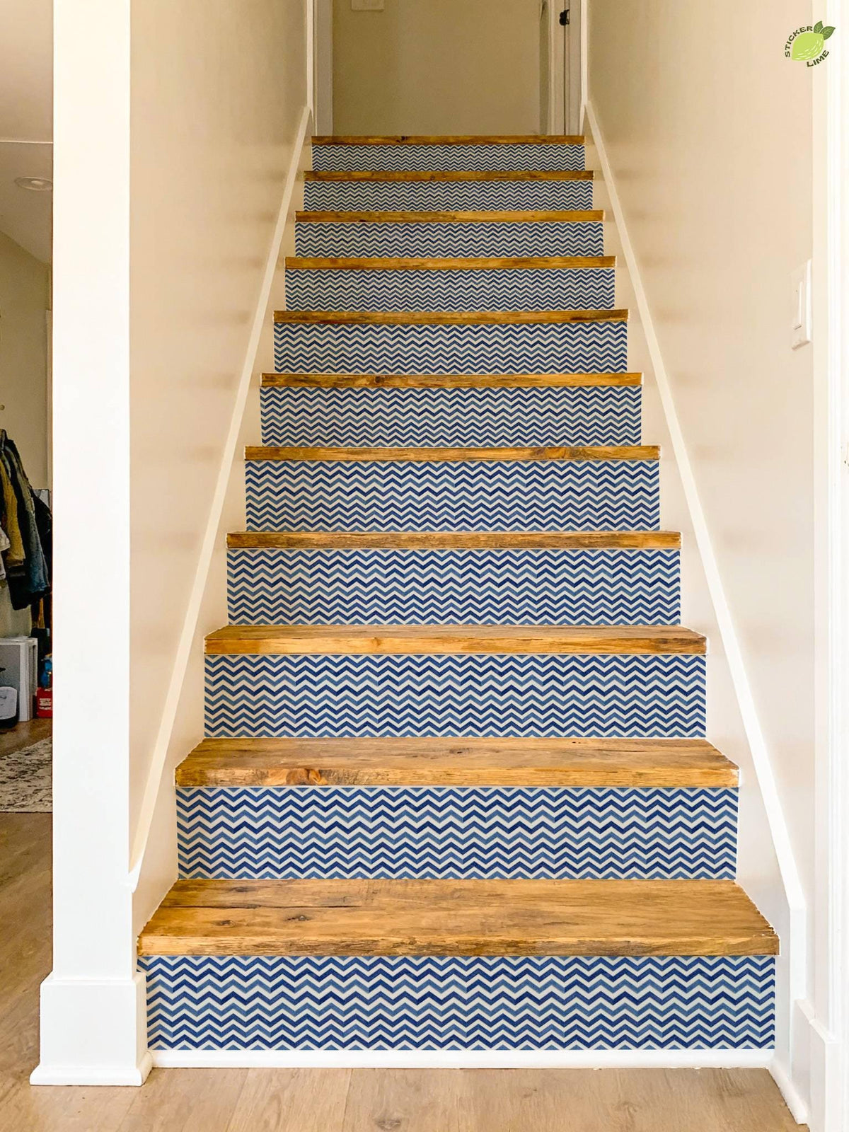 Indigo Wave Herringbone Tile peel and stick stair riser decals, photo 6 of 8