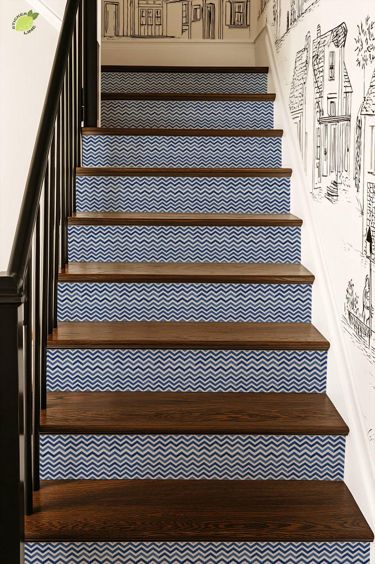 Indigo Wave Herringbone Tile peel and stick stair riser decals, photo 7 of 8