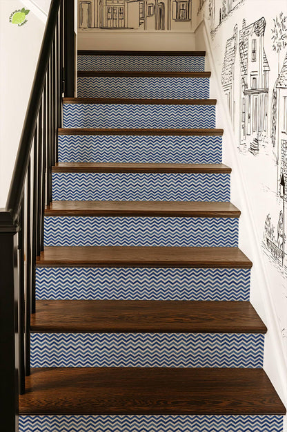 Indigo Wave Herringbone Tile peel and stick stair riser decals, photo 7 of 8