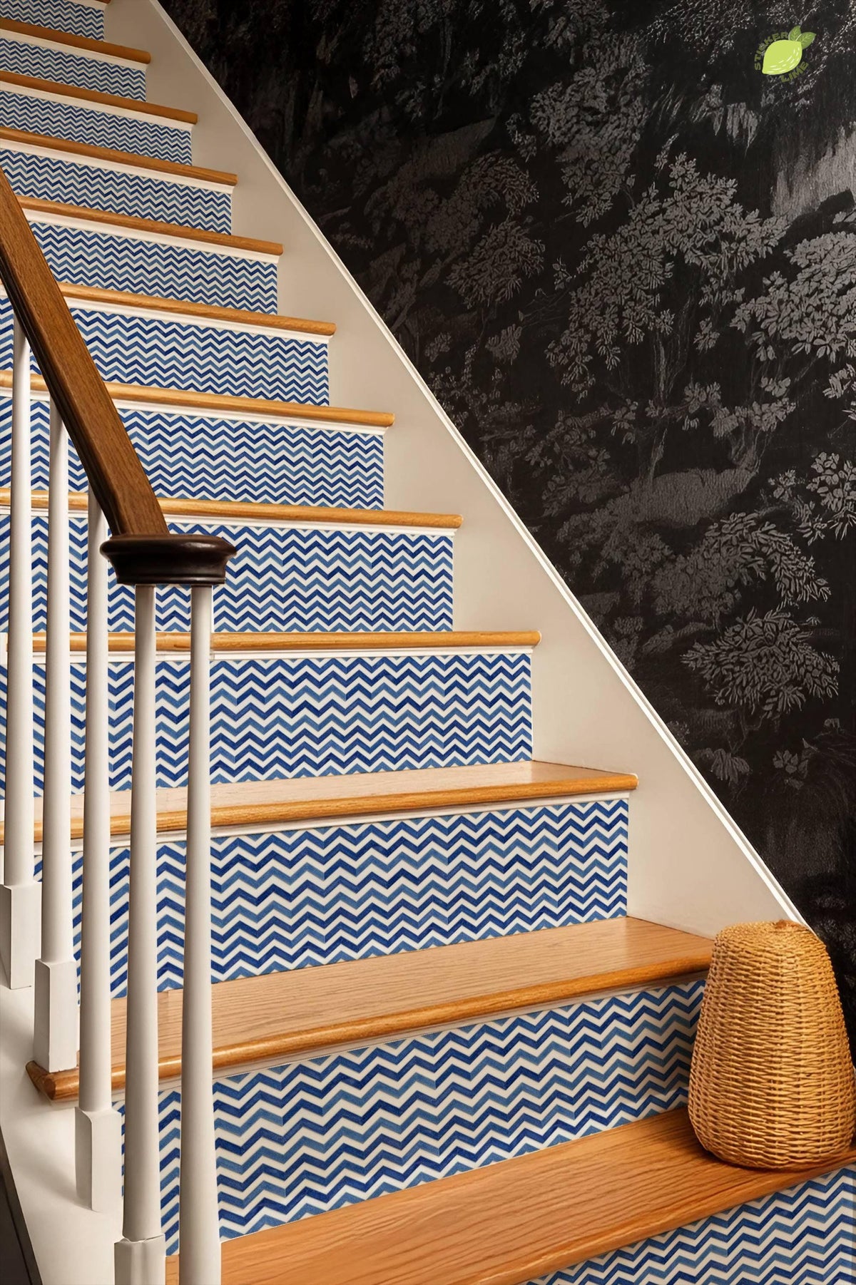 Indigo Wave Herringbone Tile peel and stick stair riser decals, photo 8 of 8