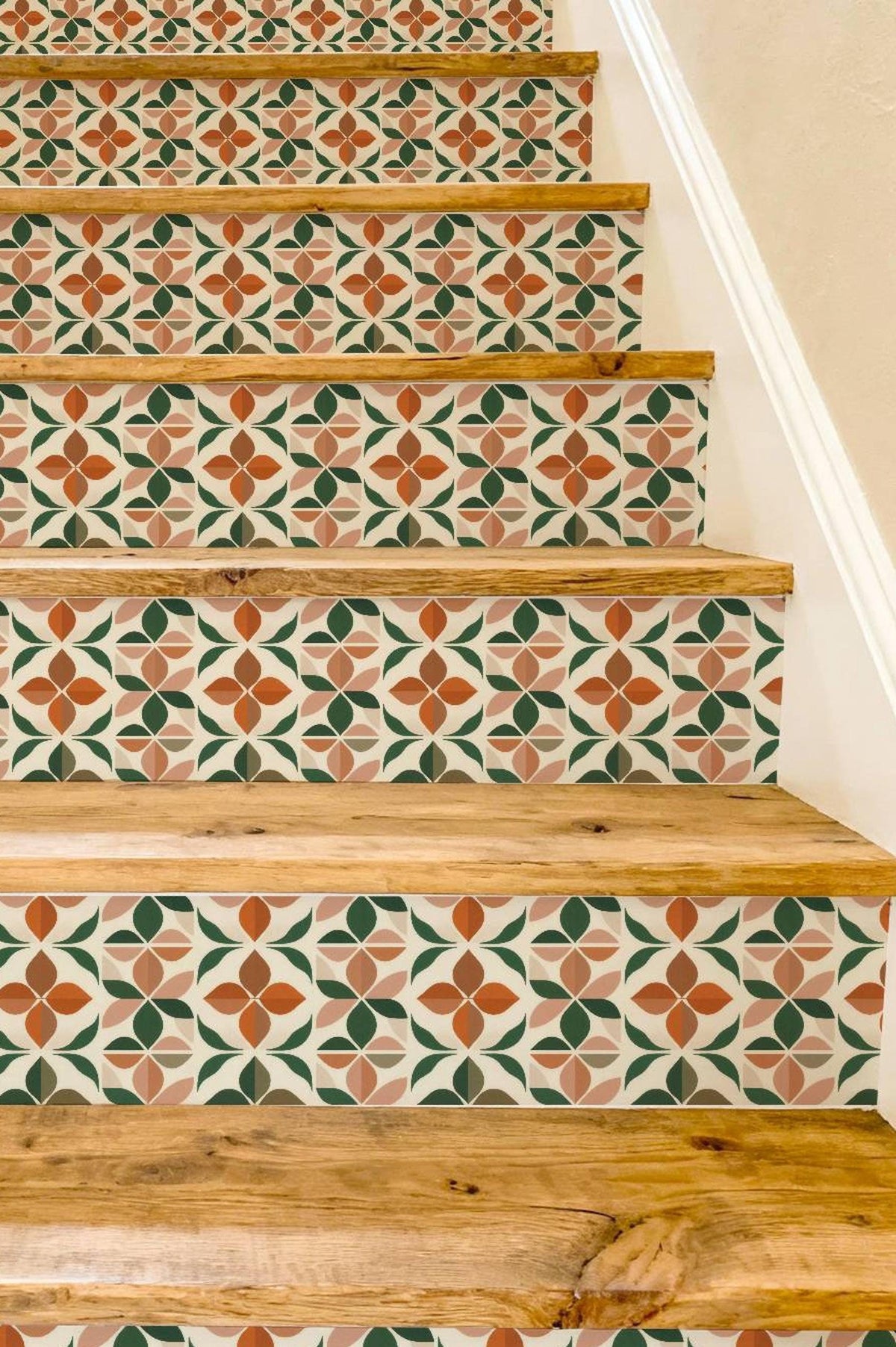 Mid-Century Botanical Geometric Motif peel and stick stair riser decals