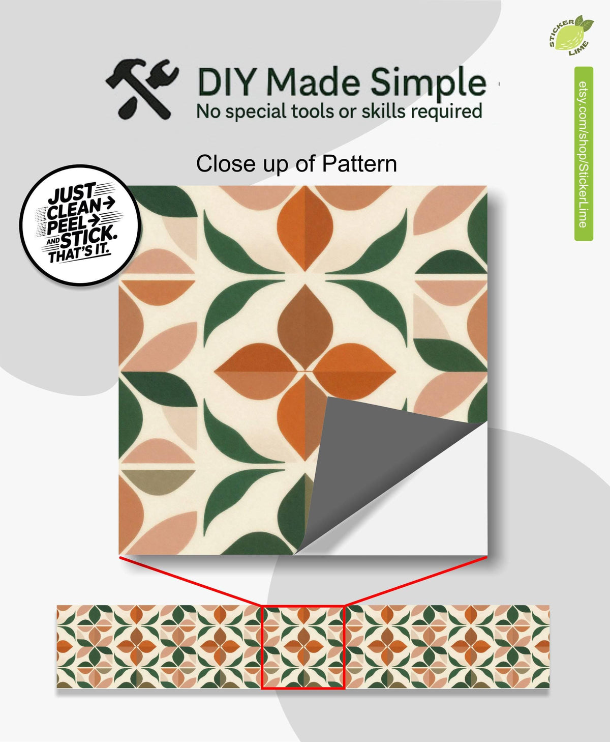Mid-Century Botanical Geometric Motif peel and stick stair riser decals, photo 2 of 8
