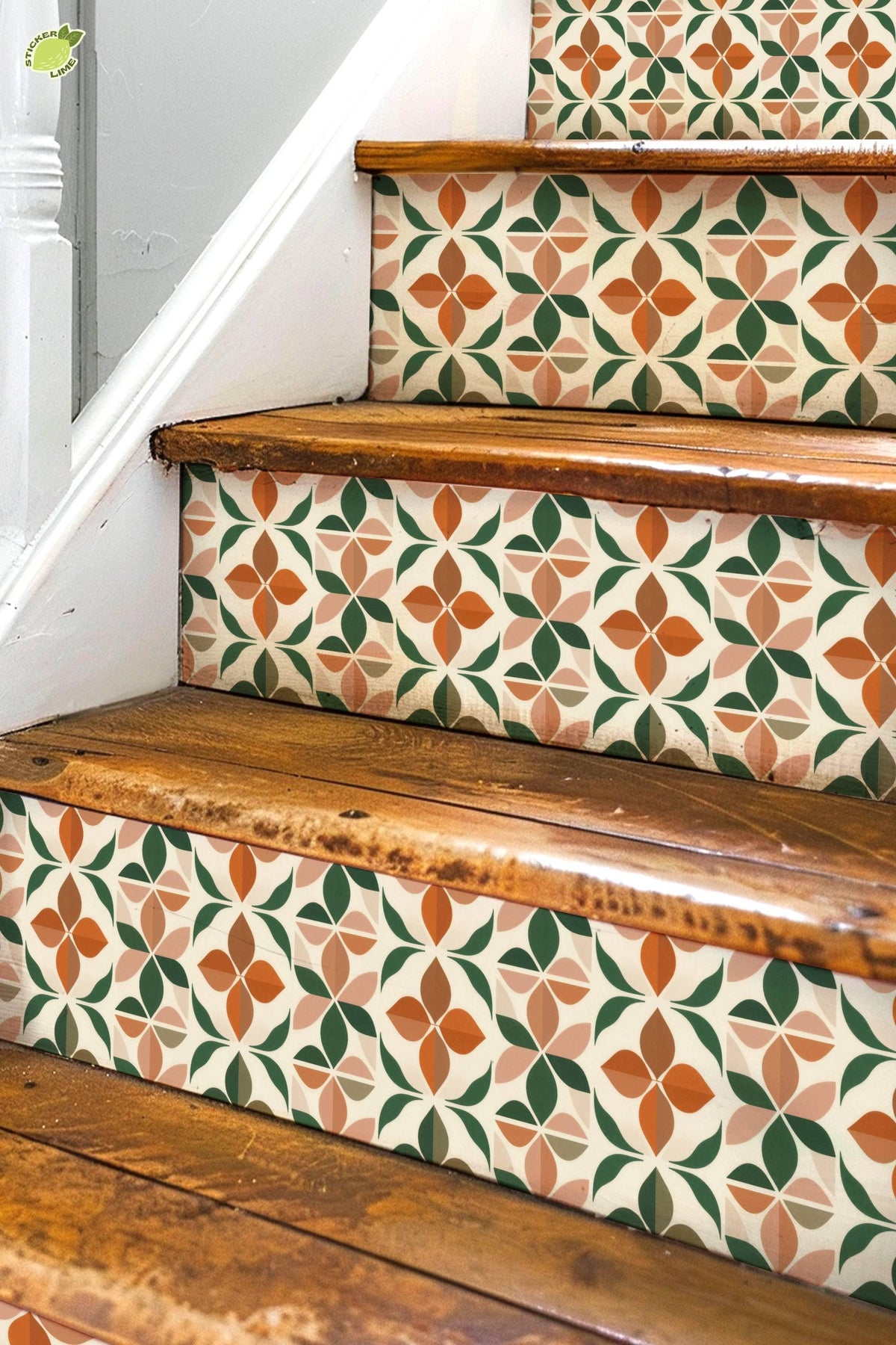 Mid-Century Botanical Geometric Motif peel and stick stair riser decals, photo 3 of 8