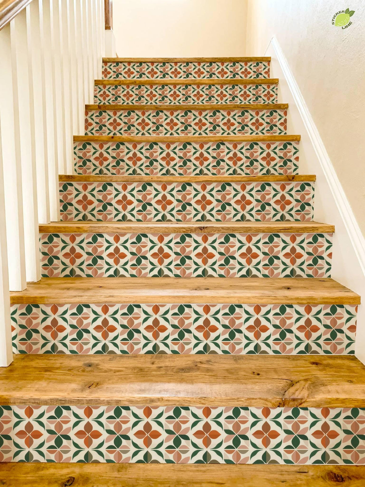 Mid-Century Botanical Geometric Motif peel and stick stair riser decals, photo 4 of 8