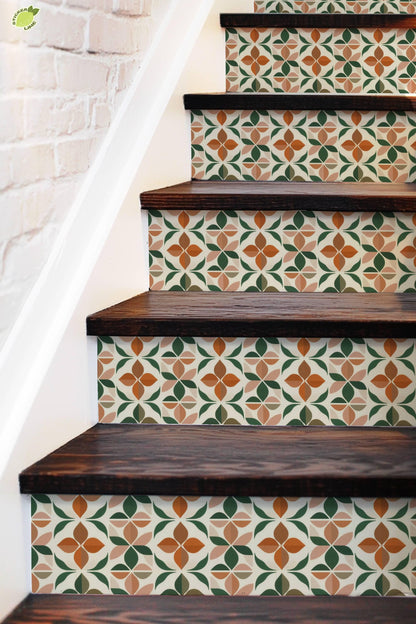 Mid-Century Botanical Geometric Motif peel and stick stair riser decals, photo 5 of 8