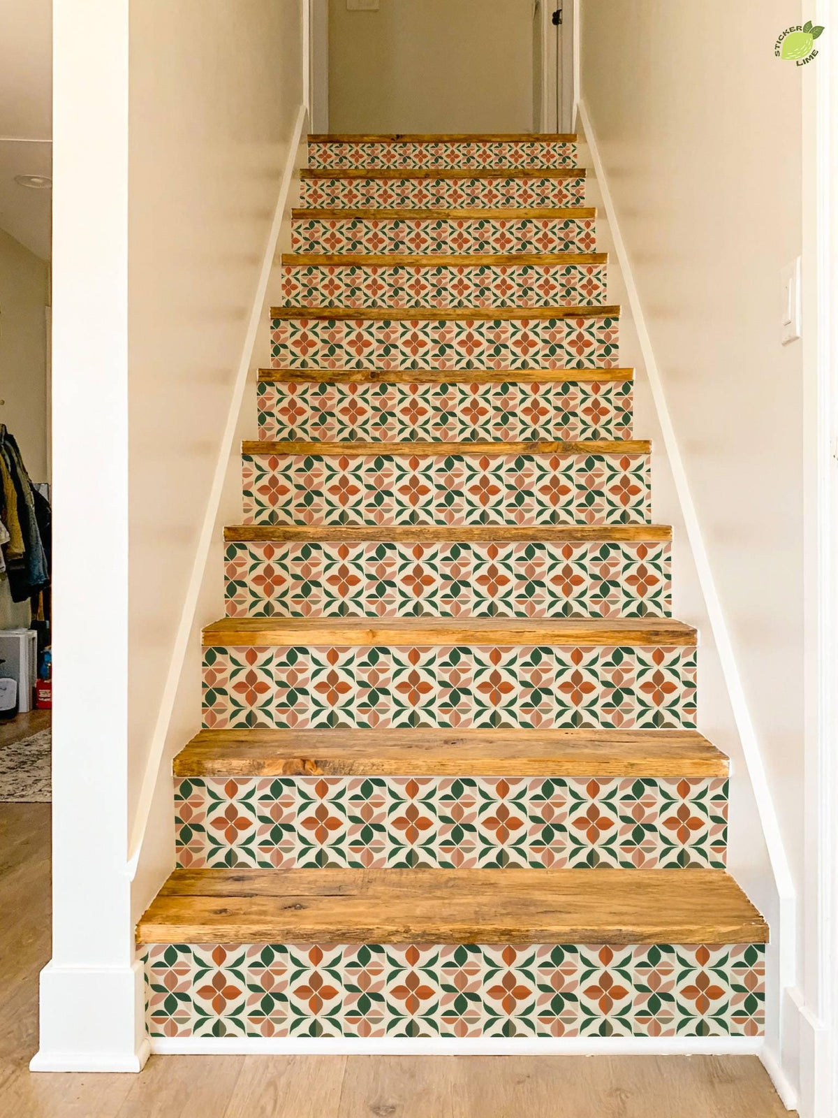 Mid-Century Botanical Geometric Motif peel and stick stair riser decals, photo 6 of 8