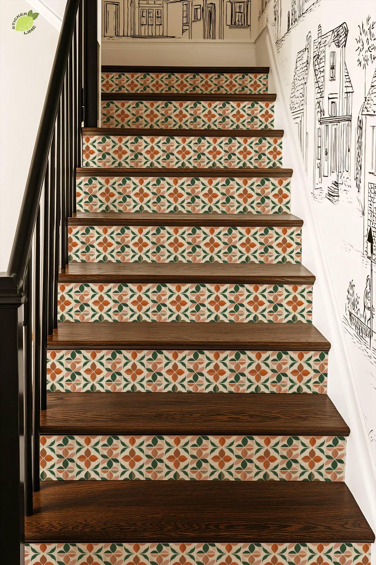 Mid-Century Botanical Geometric Motif peel and stick stair riser decals, photo 7 of 8