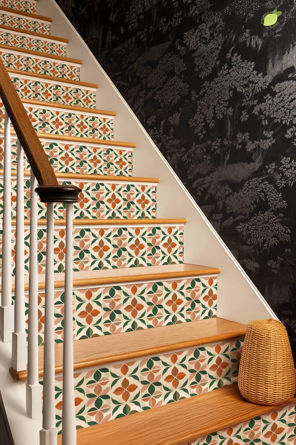 Mid-Century Botanical Geometric Motif peel and stick stair riser decals, photo 8 of 8