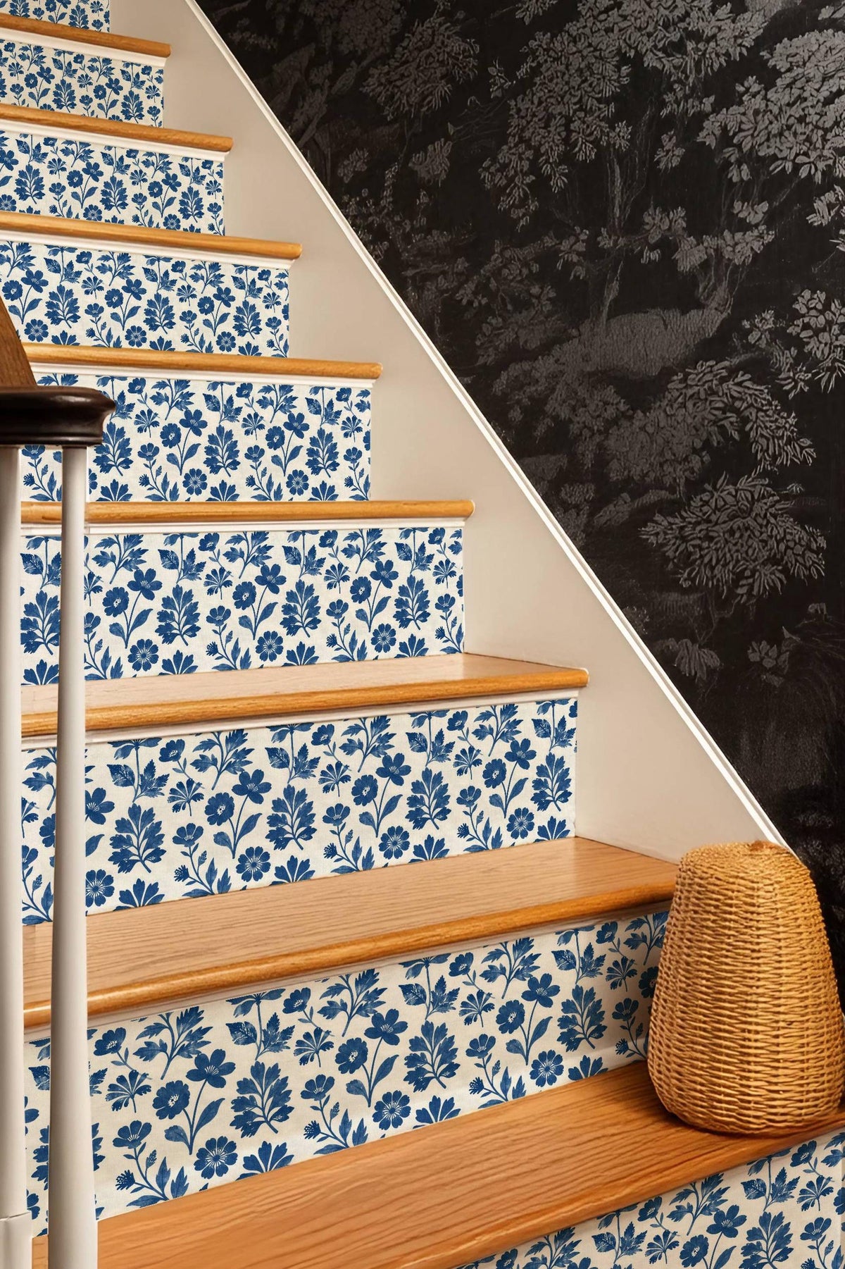 Cobalt Block Print Botanical Tile peel and stick stair riser decals