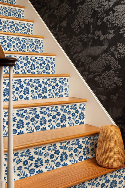 Cobalt Block Print Botanical Tile peel and stick stair riser decals