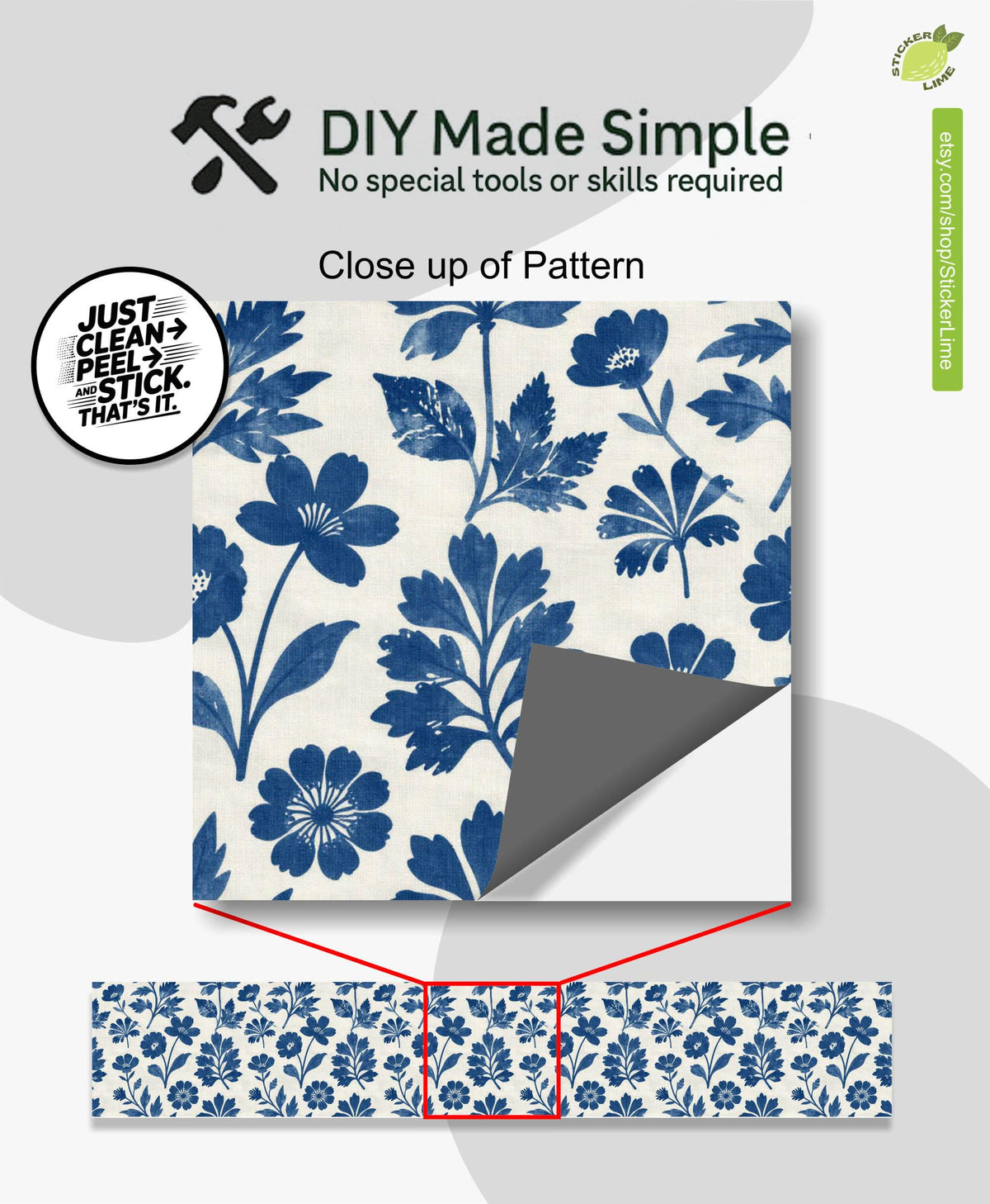 Cobalt Block Print Botanical Tile peel and stick stair riser decals, photo 2 of 8