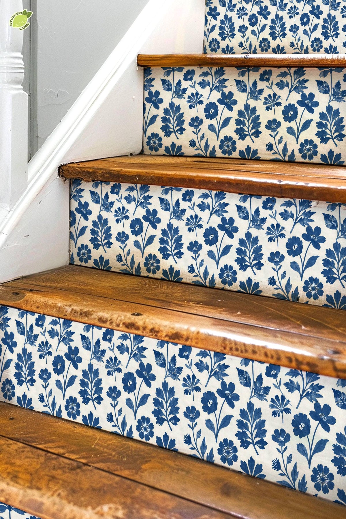 Cobalt Block Print Botanical Tile peel and stick stair riser decals, photo 3 of 8