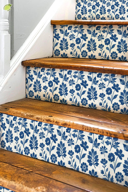 Cobalt Block Print Botanical Tile peel and stick stair riser decals, photo 3 of 8