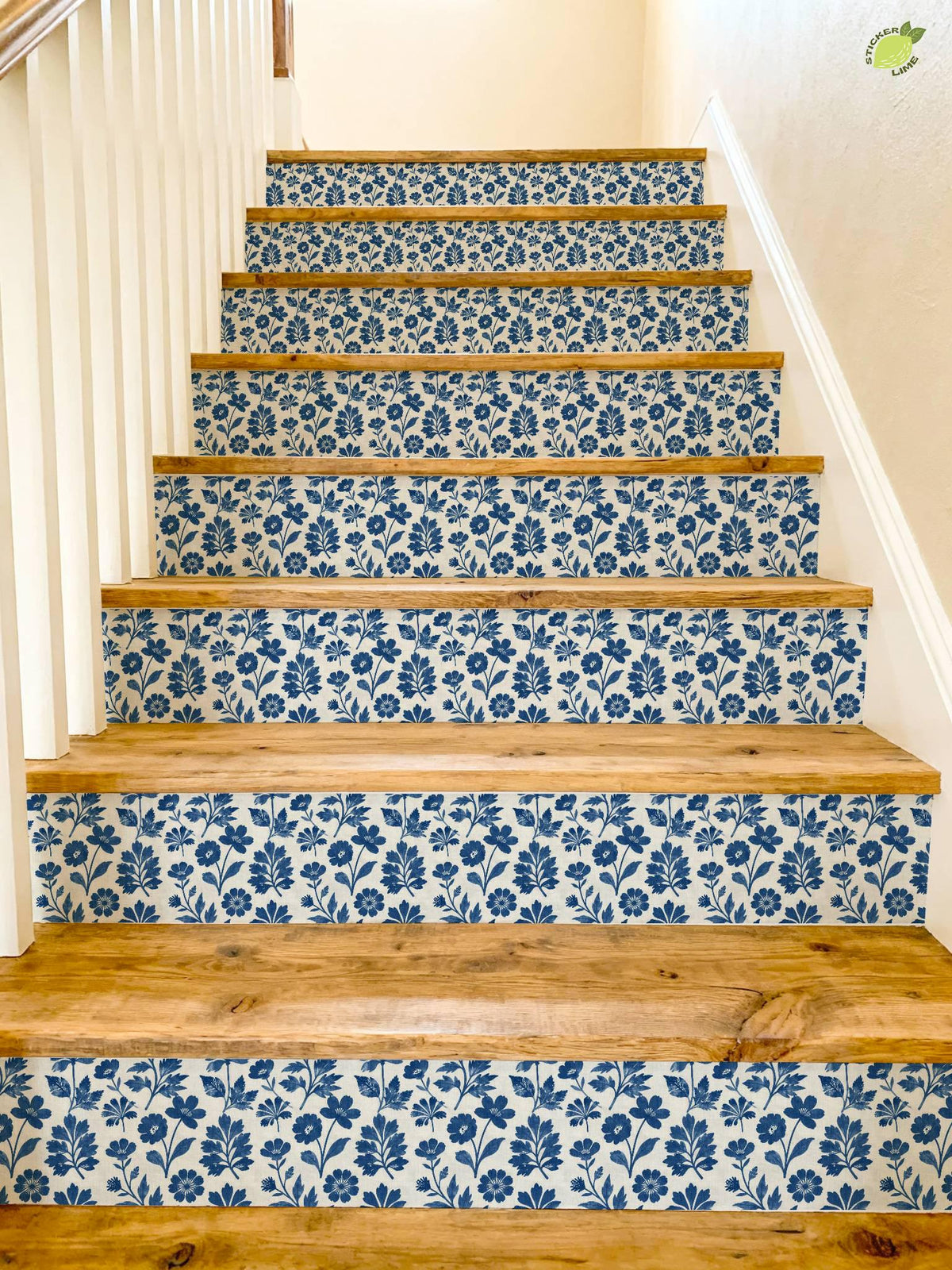 Cobalt Block Print Botanical Tile peel and stick stair riser decals, photo 4 of 8
