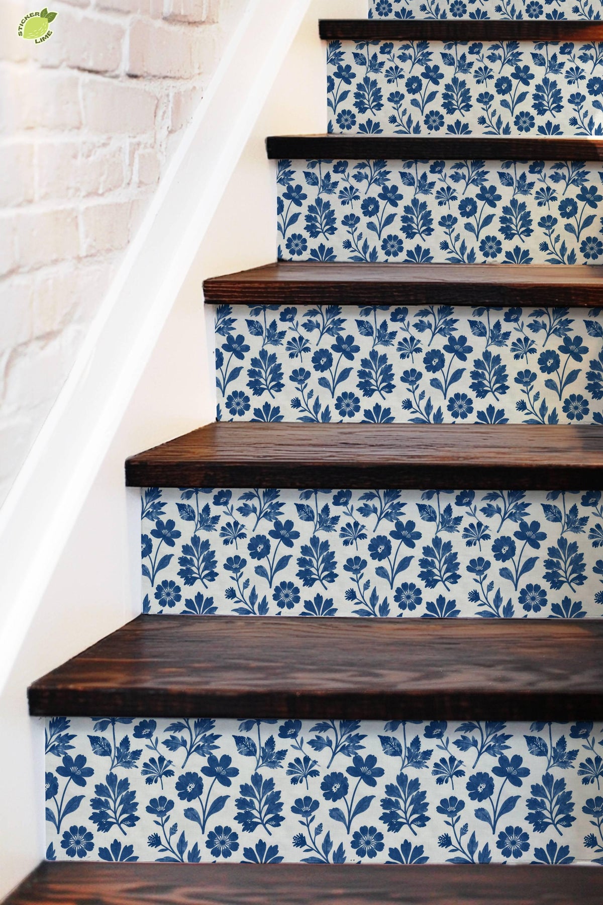 Cobalt Block Print Botanical Tile peel and stick stair riser decals, photo 5 of 8